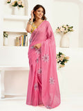 Baby pink geometric print ready-to-wear linen saree with a bright yellow unstitched blouse