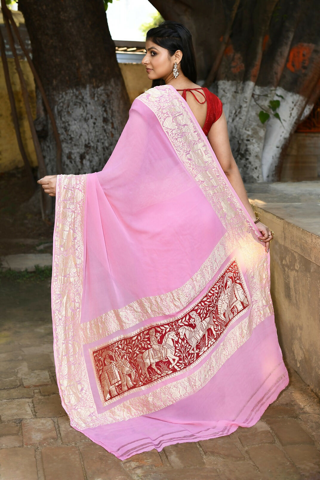 Baby Pink Crepe Chiffon Banarasi Silk Saree for Special Occasions