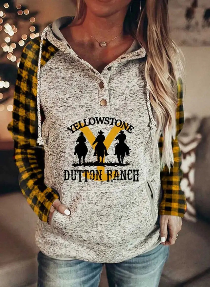 Women Grey Yellowstone Dutton Ranch Graphic Hooded Pullover Sweater - Image 27