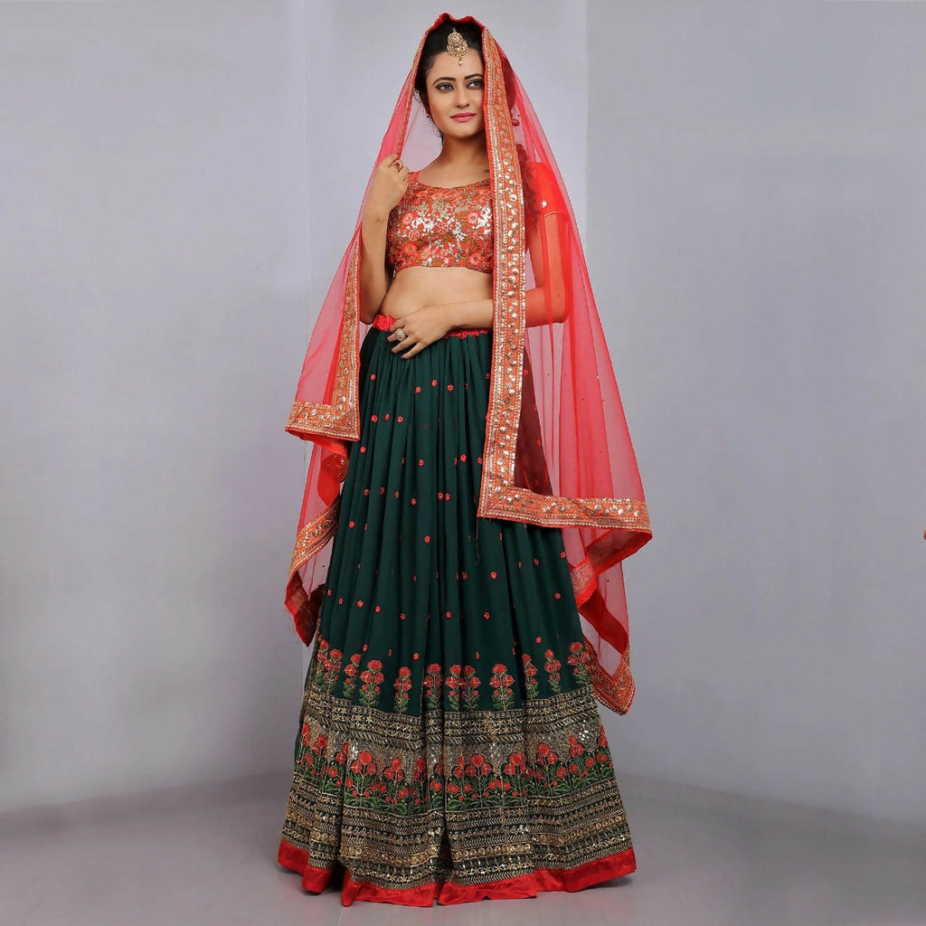 Red and bottle green georgette lehenga choli with sequin and jari embroidery