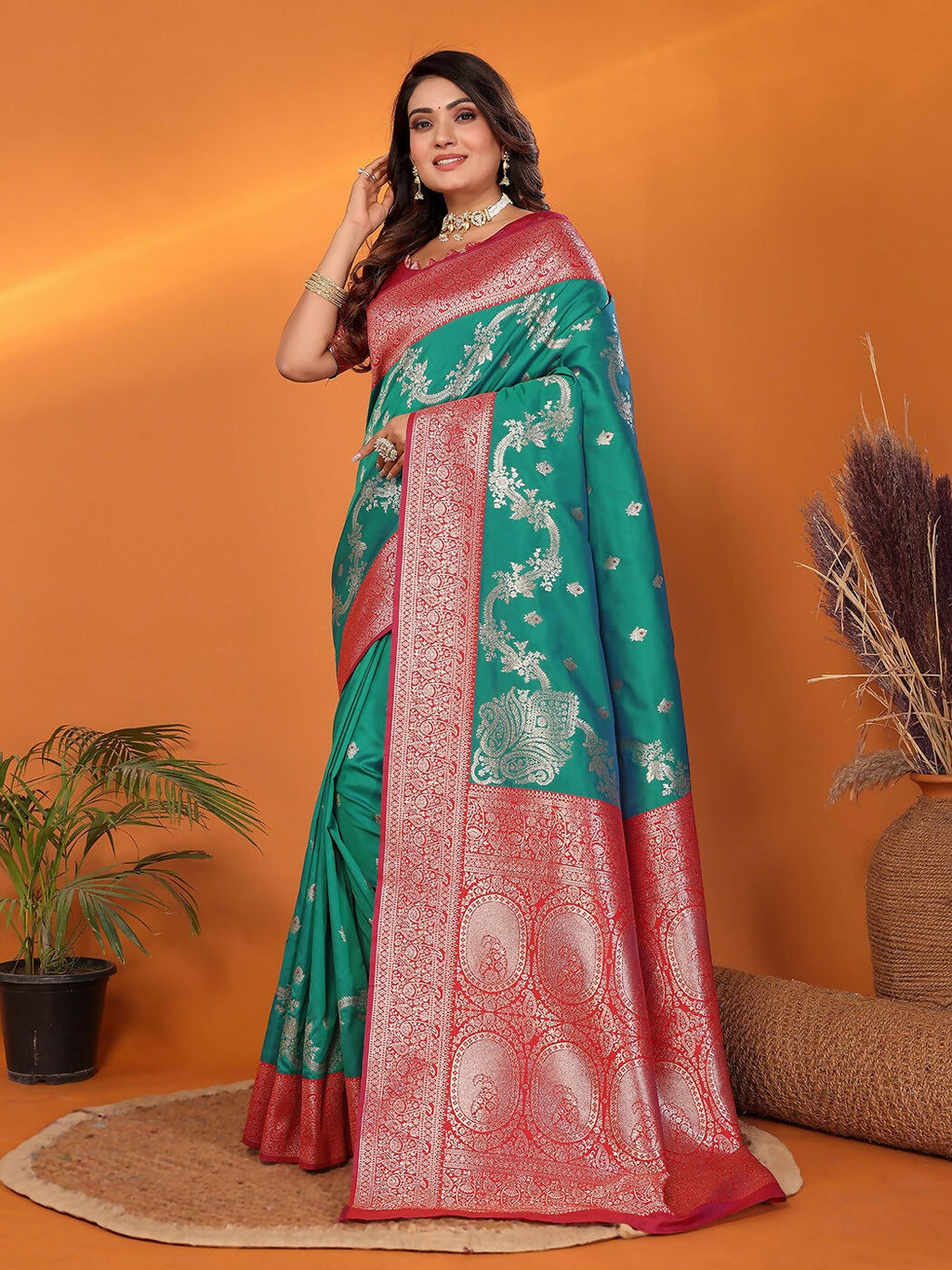 Pine Green Woven Banarasi Soft Silk Saree with Blouse