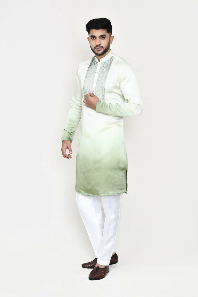 Green Satin Silk Kurta and Straight Fit Pant Set