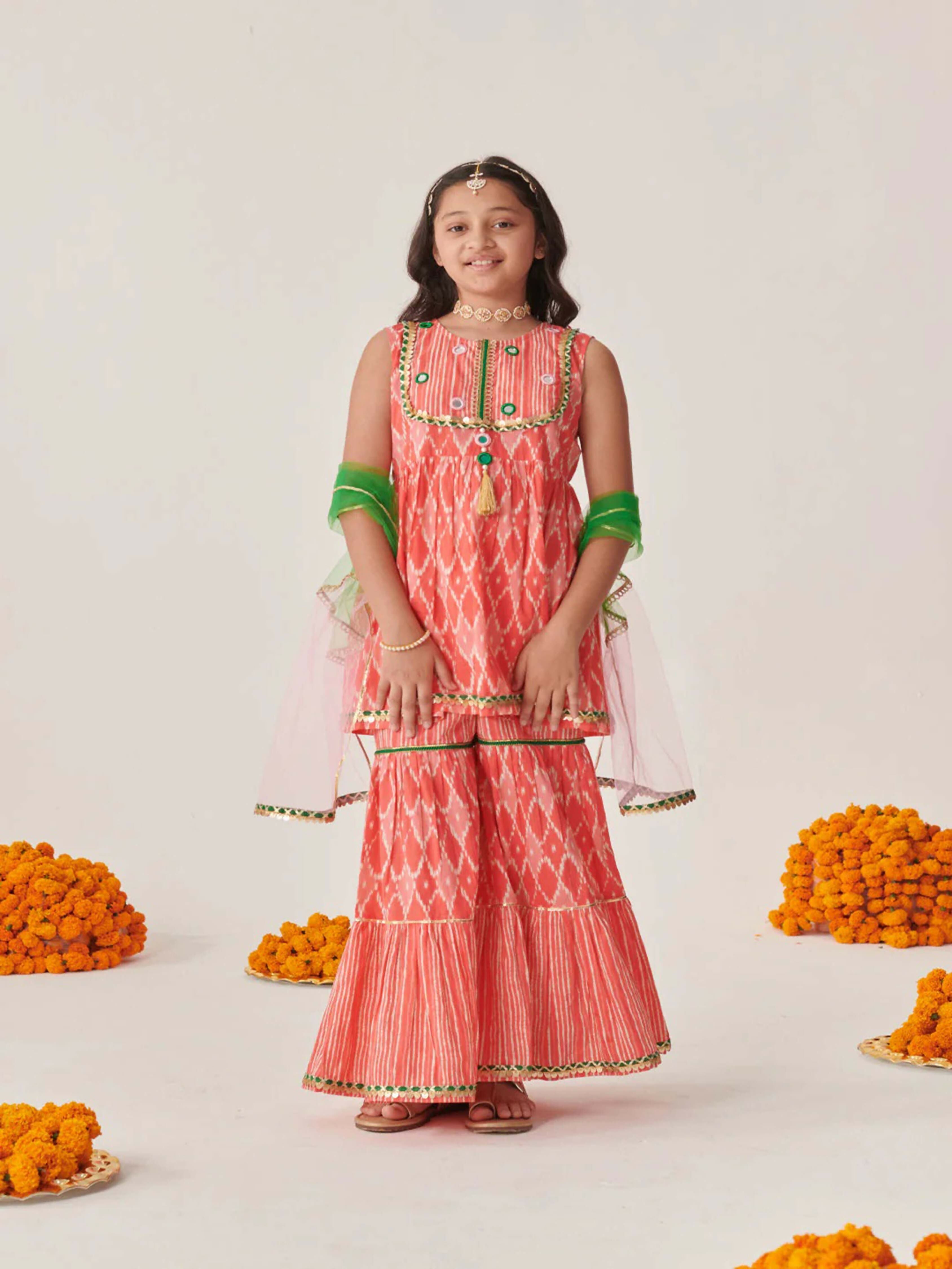 Girl's Peach Cotton Blend Sharara Set with Net Dupatta
