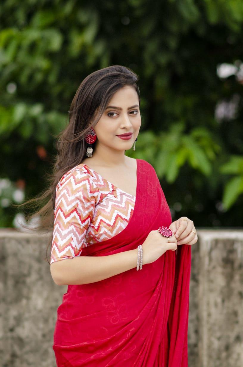 Red Silk Blend Saree with Butterfly Motifs and Mulberry Silk Blouse