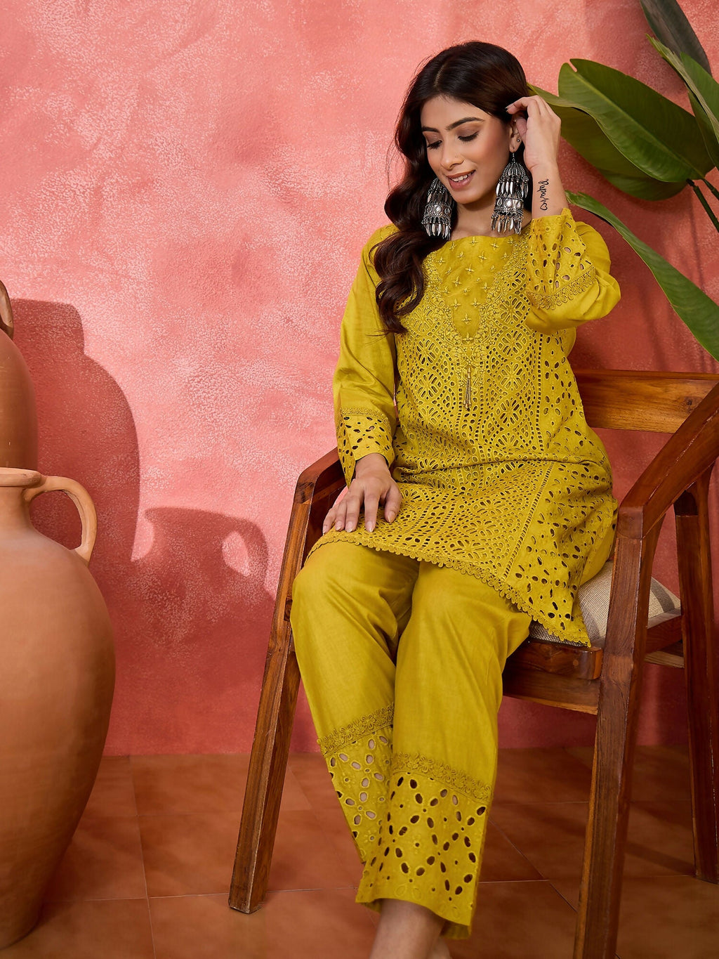 Mustard Embroidered Pure Cotton Cord Set - Contemporary Style