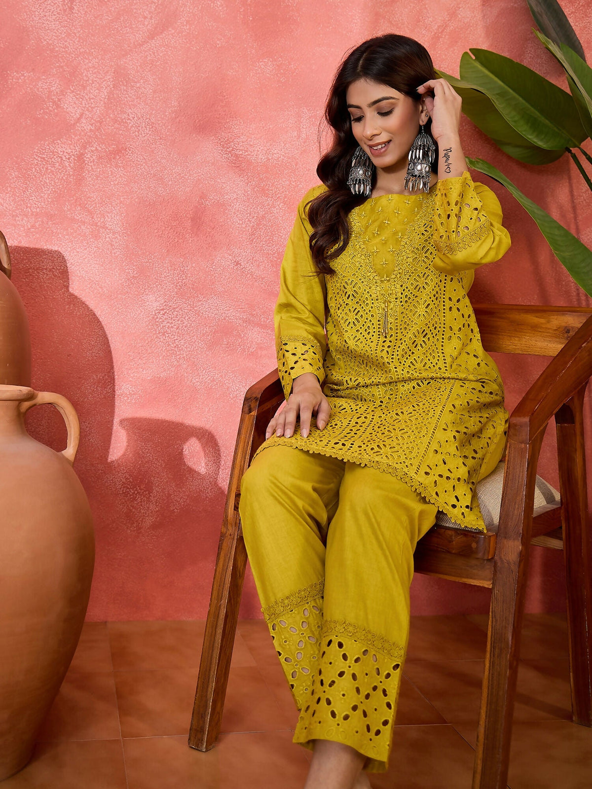 Mustard Embroidered Pure Cotton Cord Set - Contemporary Style