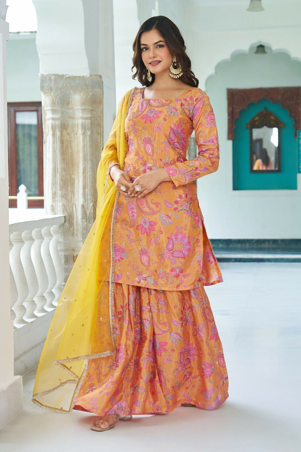 Yellow Chinnon Embroidery Sequence Work Readymade Kurta Set