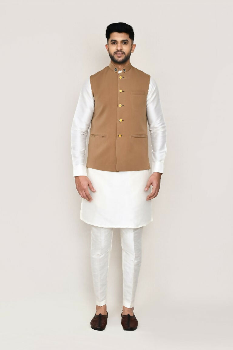 White Art Silk Kurta Set with Jacket and Straight Fit Pants