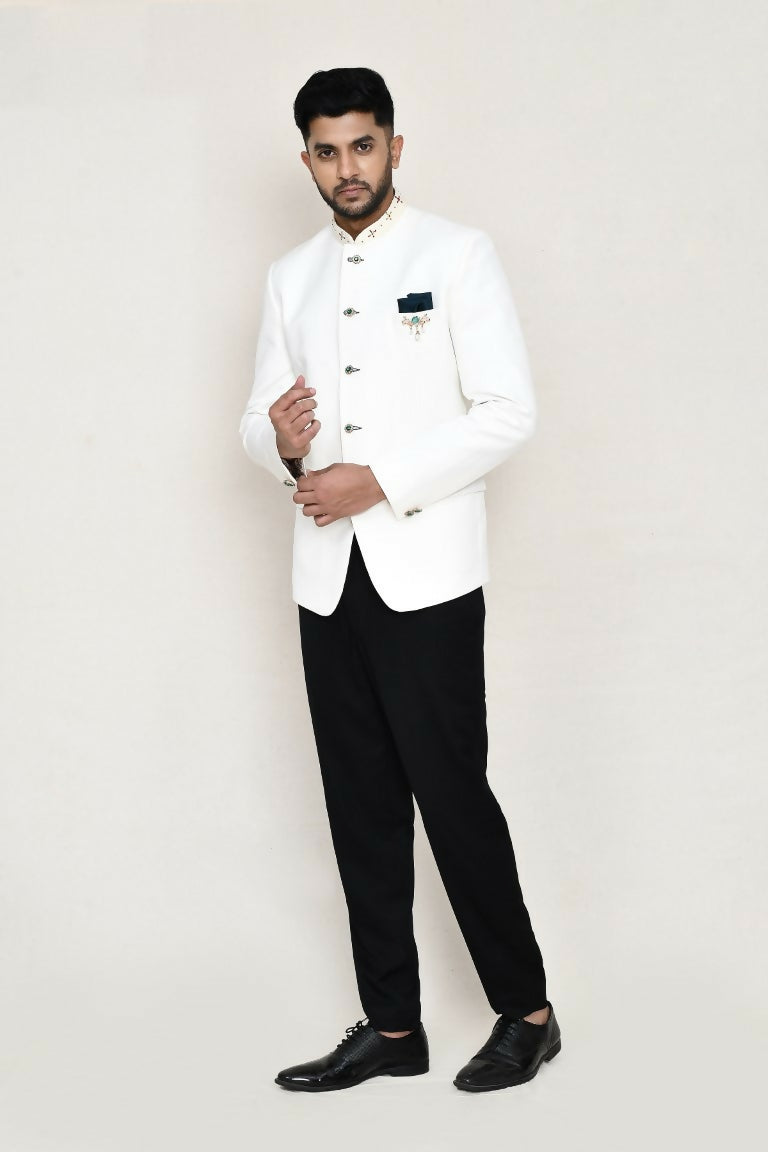 White cotton linen Prince coat with neck embroidery and pocket square