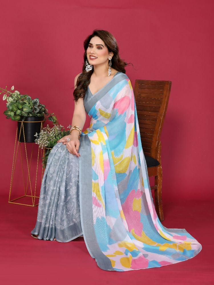 Elegant Grey Moss Chiffon printed saree with matching blouse.