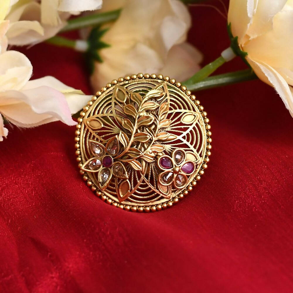 Gold-polished traditional Joharkamal design ring with decorative stones, adjustable band