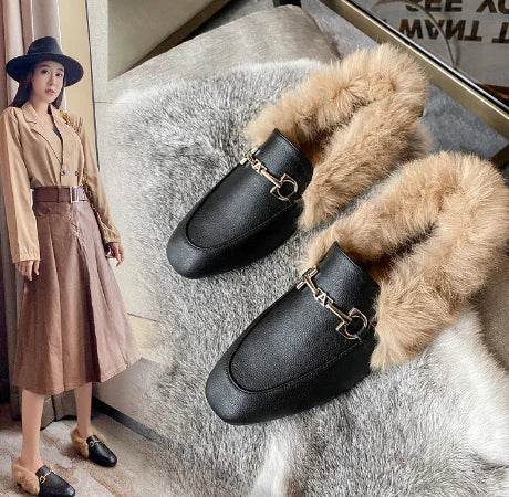 Fleece-Lined Flat Loafers with Rabbit Fur for Women