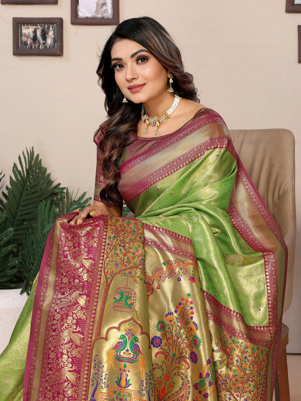 Pista Tissue Silk Weaving Saree with Maroon Blouse - Ethnic Elegance