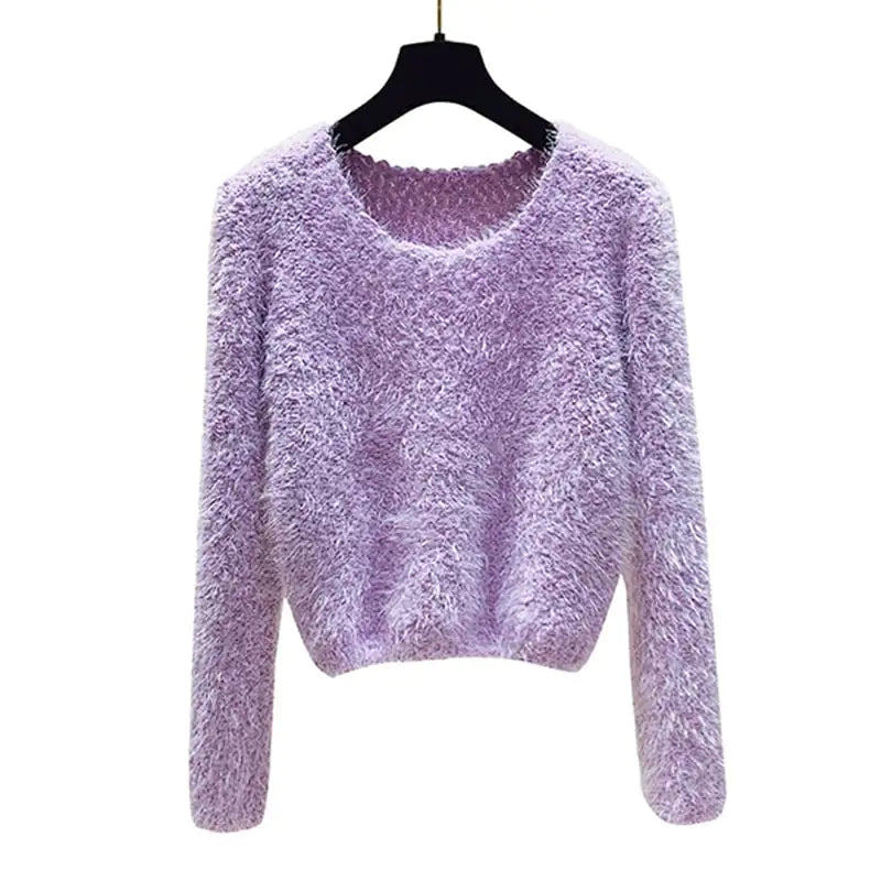 Women's Fuzzy Round Neck Pullover Sweater Soft Knit Long Sleeve - Image 5