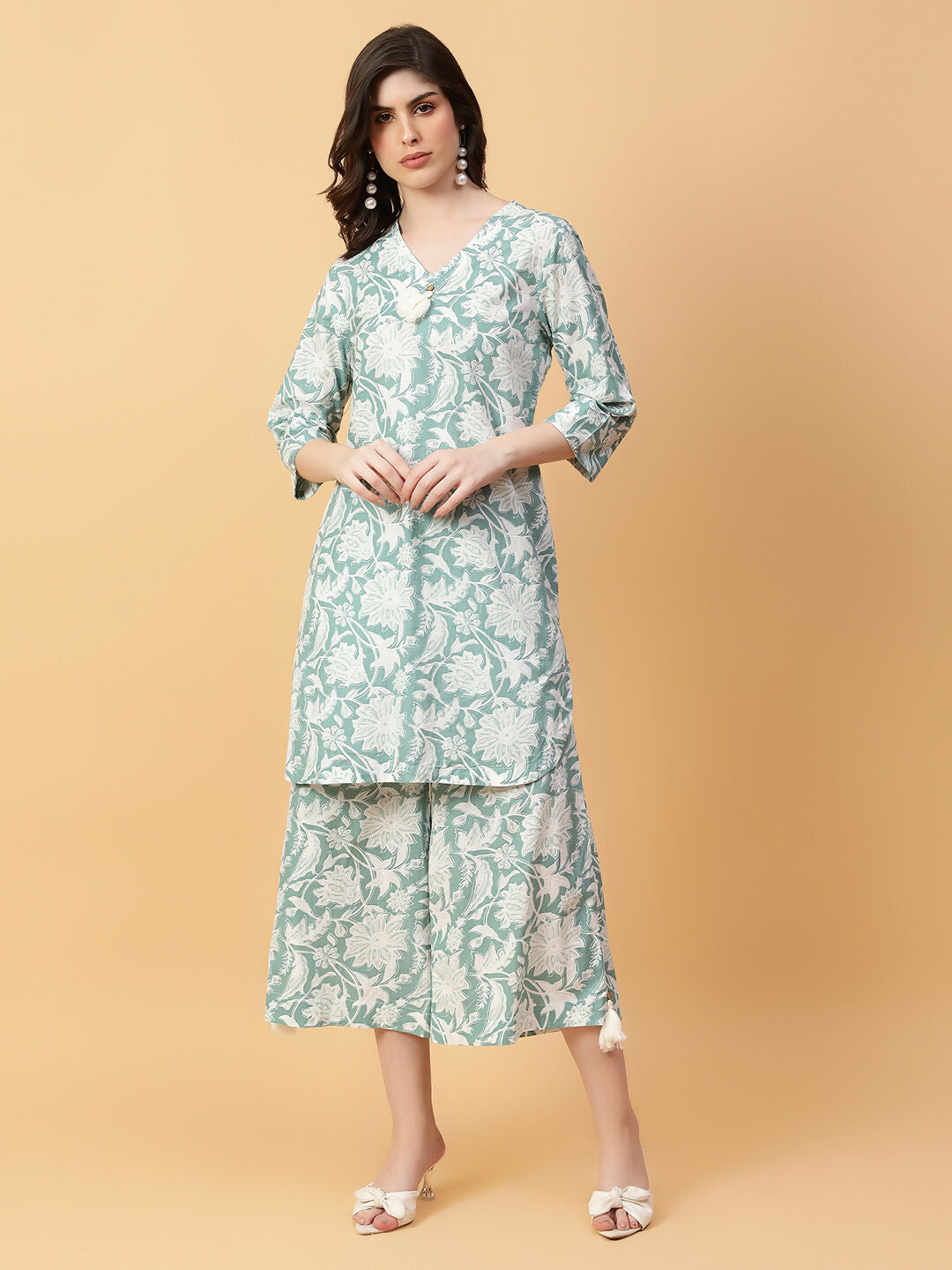 Green Printed Cotton Co-ord Set with Hand Work Detail