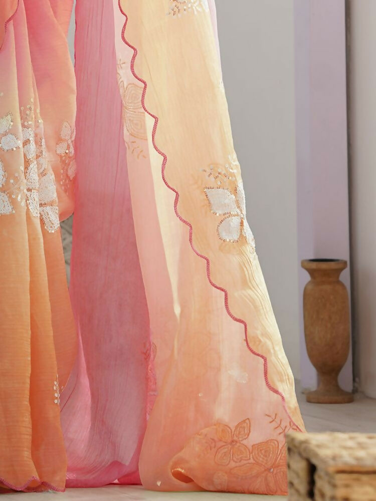 Pink and Orange Gold Crush Embroidery Saree with Blouse Piece