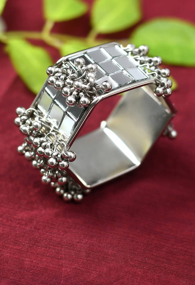 Kamal Johar Mirror Oxidised Silver Bangle Set – Ethnic Statement