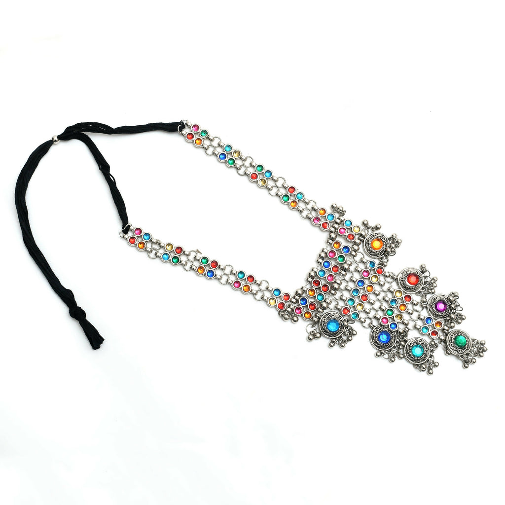 Multi Kundan Afghani Long Necklace in Oxidised Silver Finish