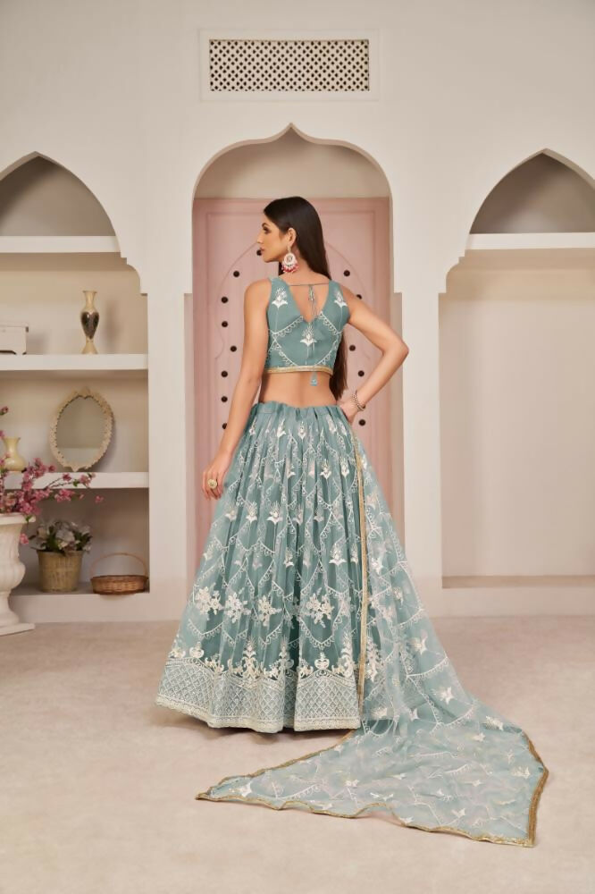 Ocean Blue Butterfly Net Lehenga with Zari and Sequin Embroidery
