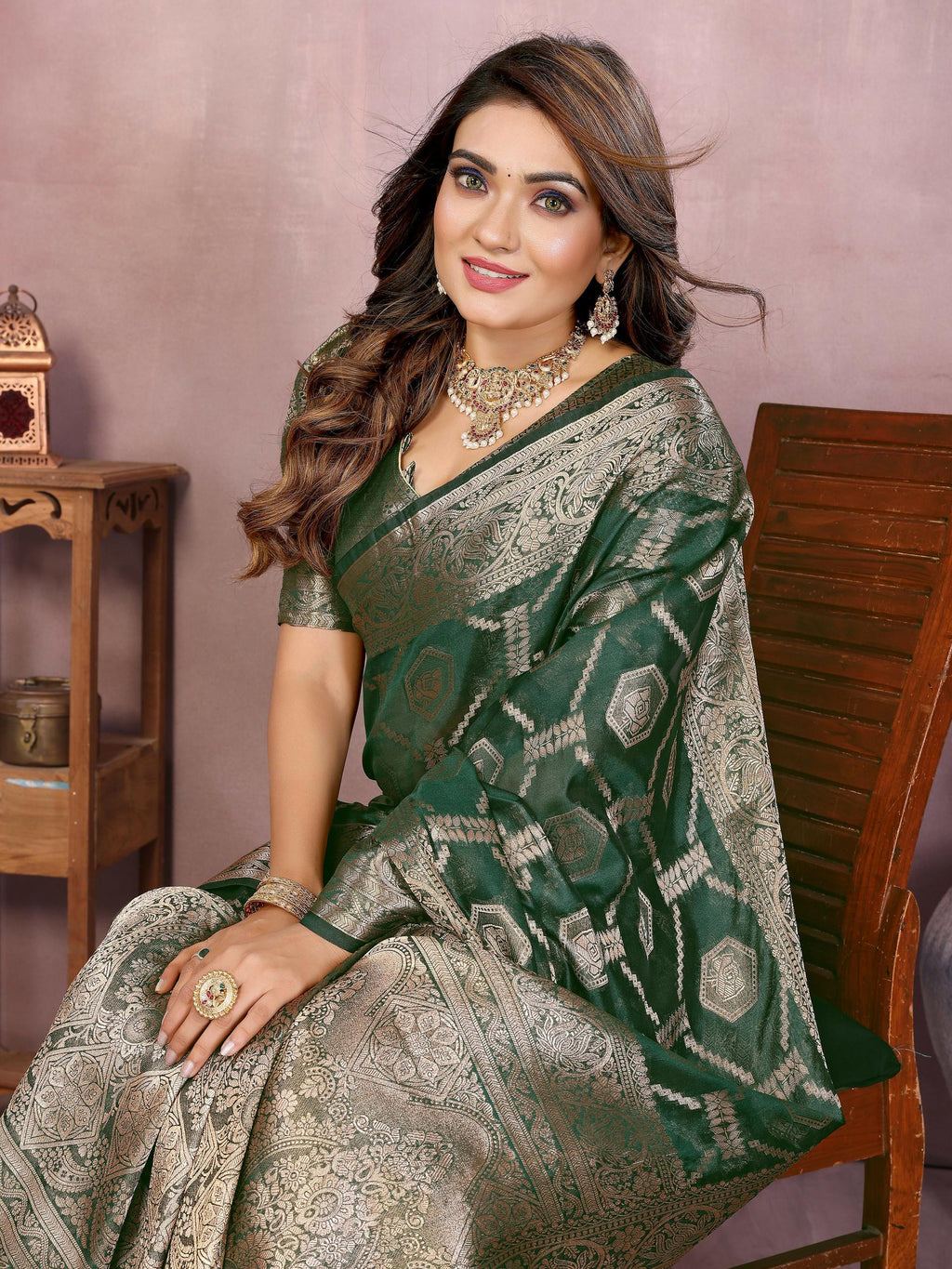 Green Soft Organza Silk Saree with Elegant Weaving