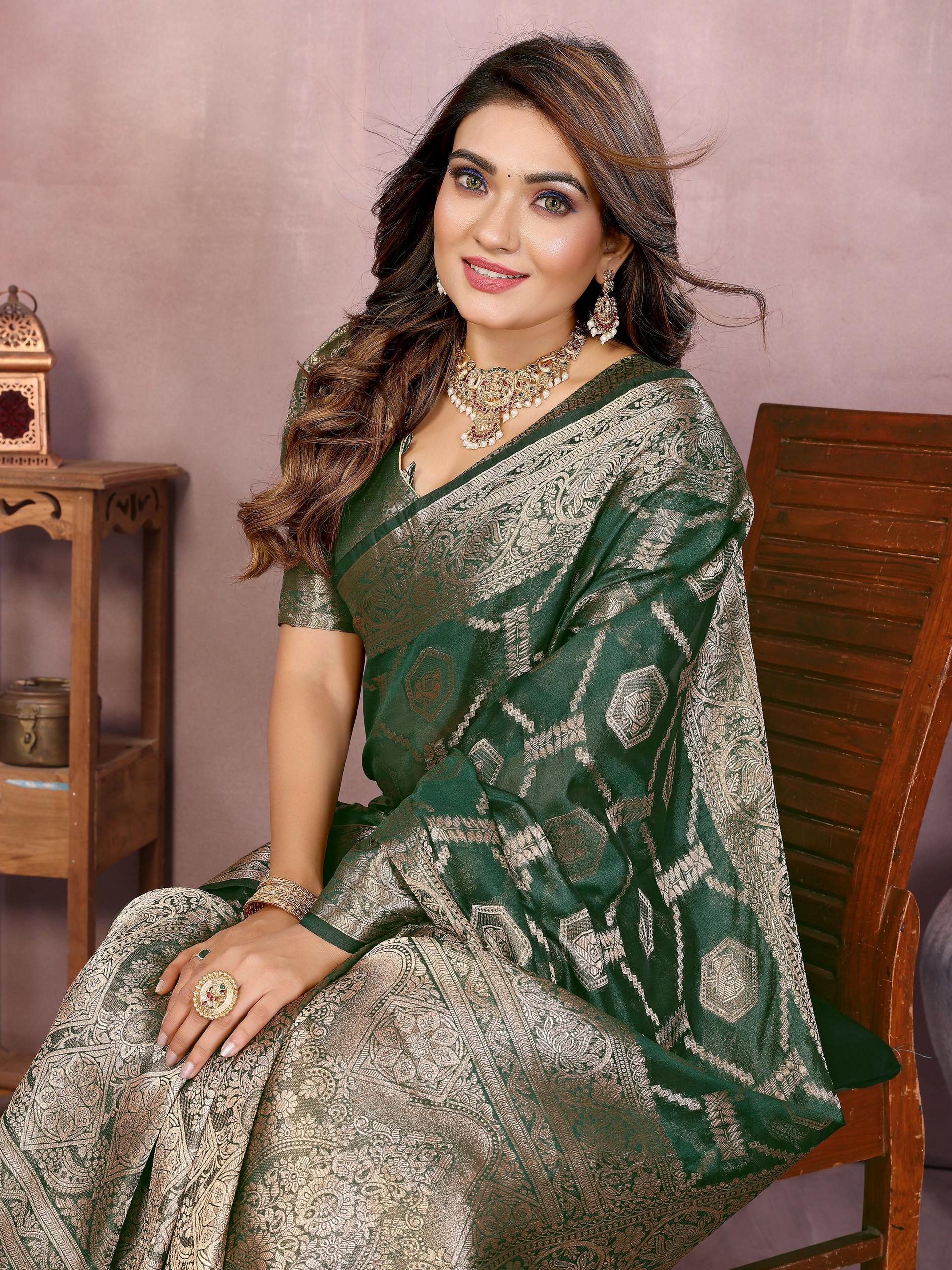 Green Soft Organza Silk Saree with Elegant Weaving