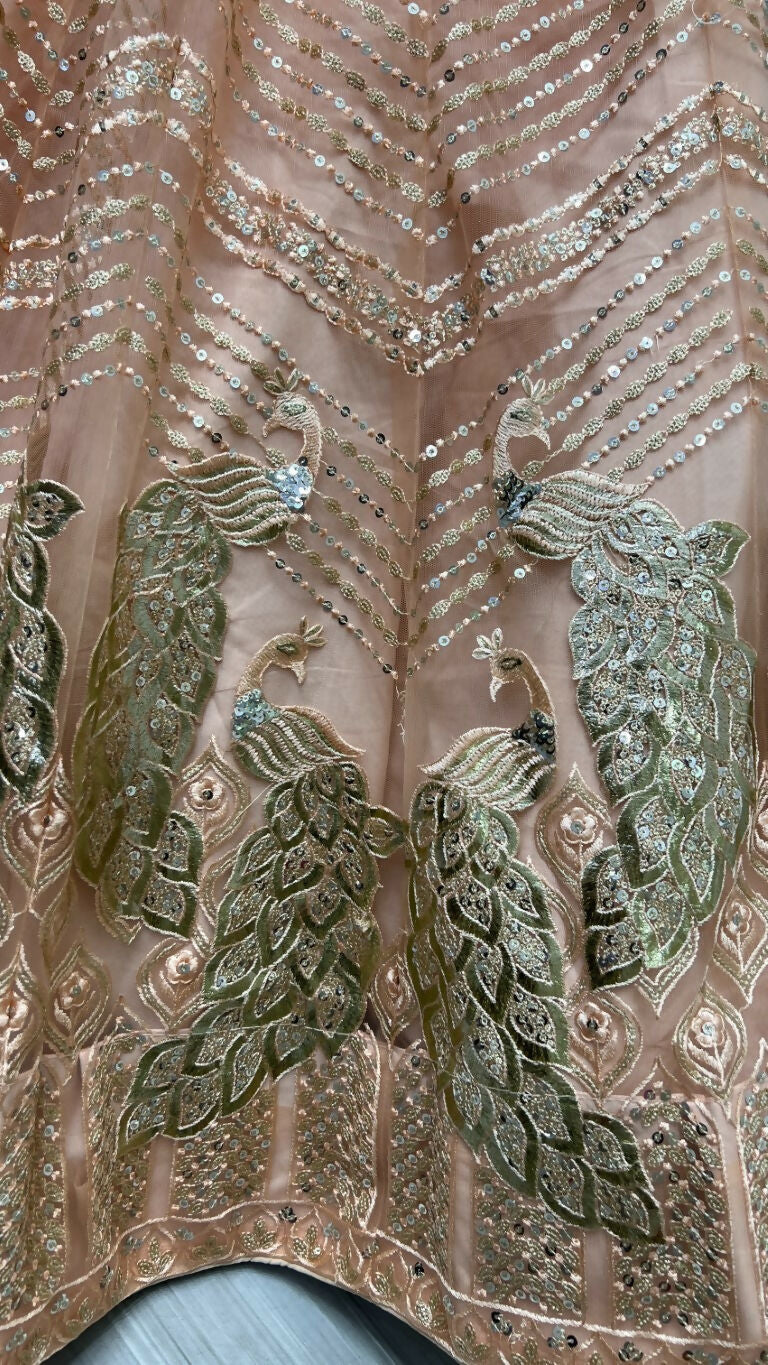 Peach Bridal Net Lehenga Choli with Foil, Sequins and Multi Thread Work