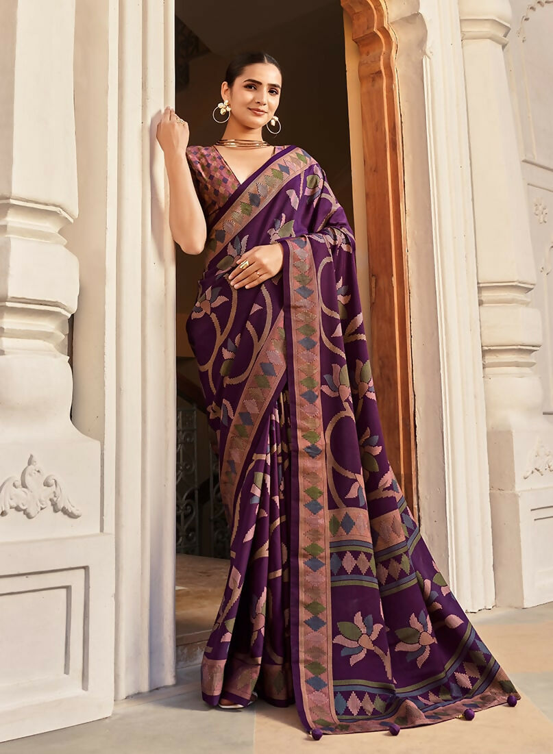 Purple printed silk blend saree with contemporary design