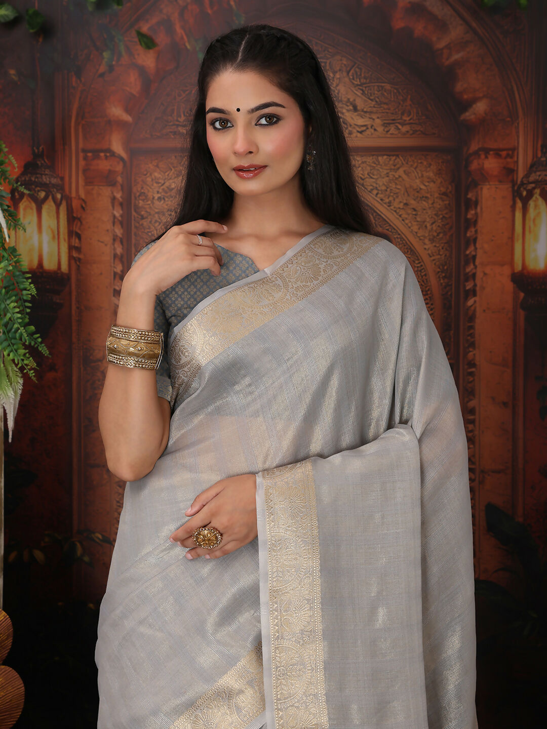 Gray Organza Saree with Matching Blouse Piece