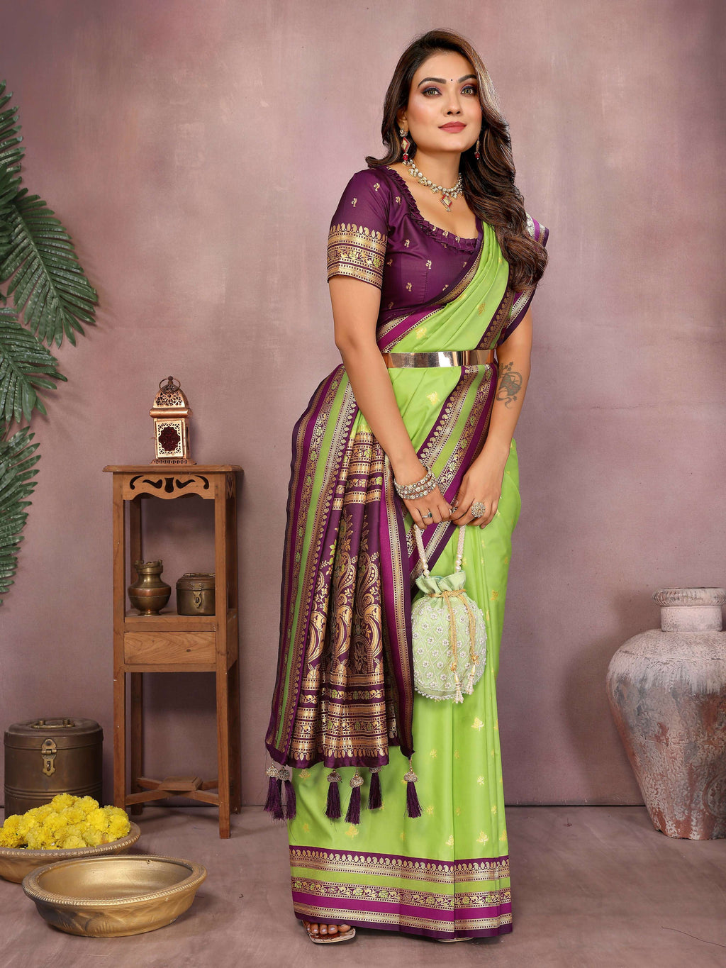 Parrot Green Kalamkari Silk Saree with Fine Weaving