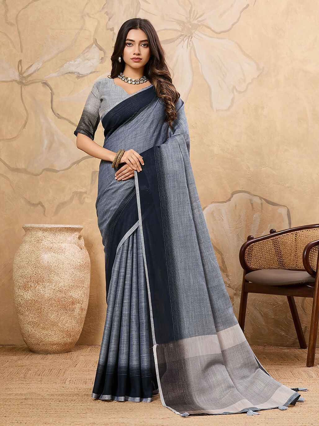 Shree Shyam Fashion Denim Grey Linen Saree