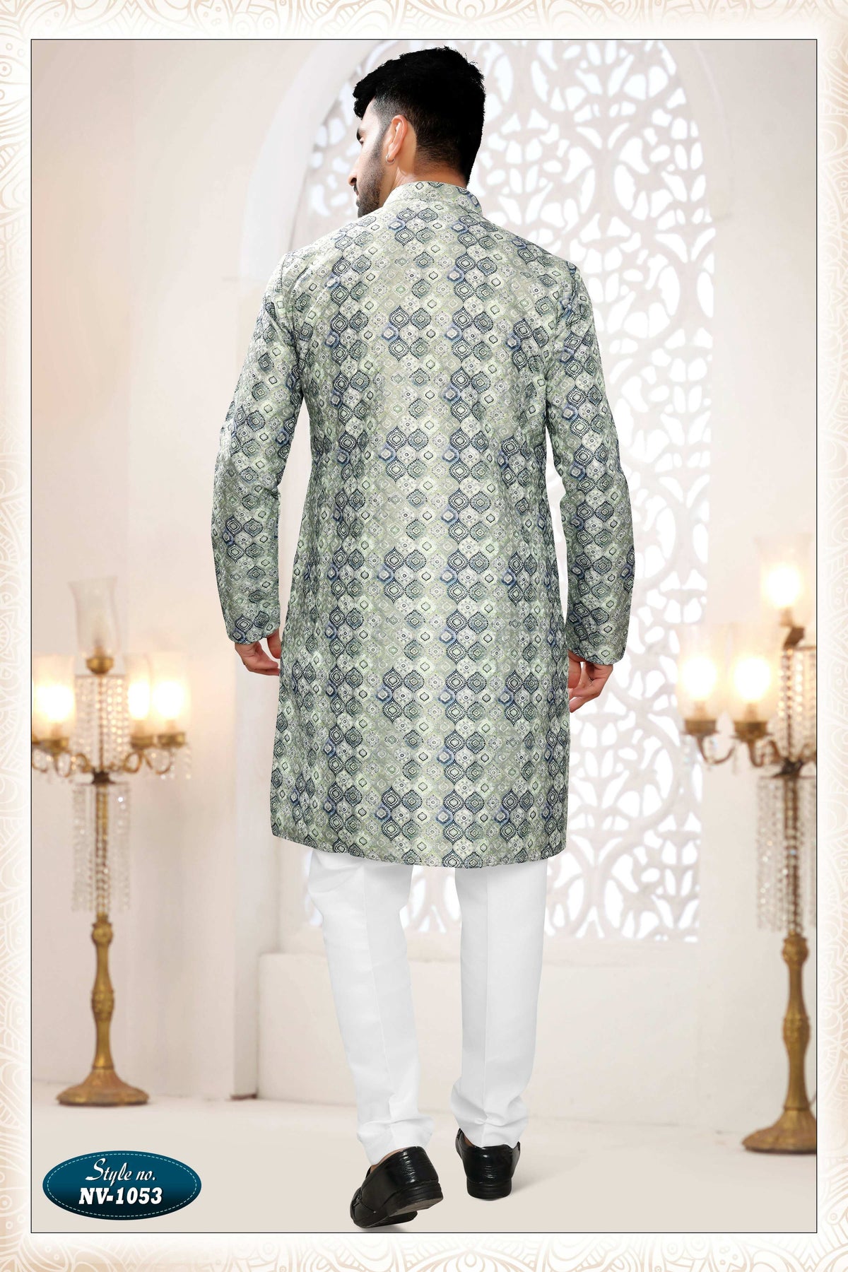 Men's Green & Blue Silk Kurta Set with Thread and Sequence Embroidery