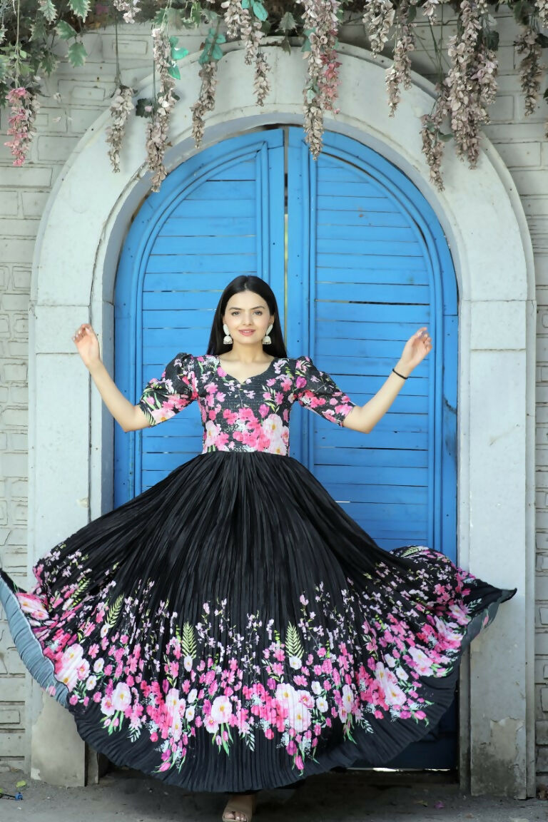 Black Floral Digital Printed Chinon Floor Length Anarkali Dress