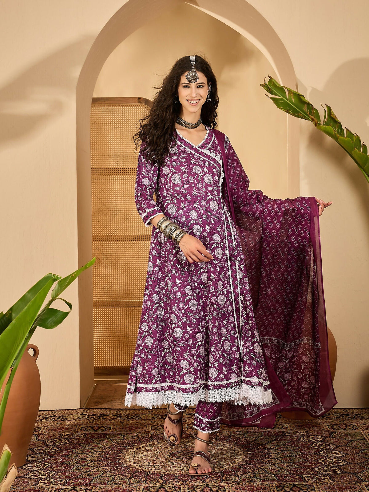 Purple Printed Pure Cotton Kurta Set for Women - Ethnic Wear