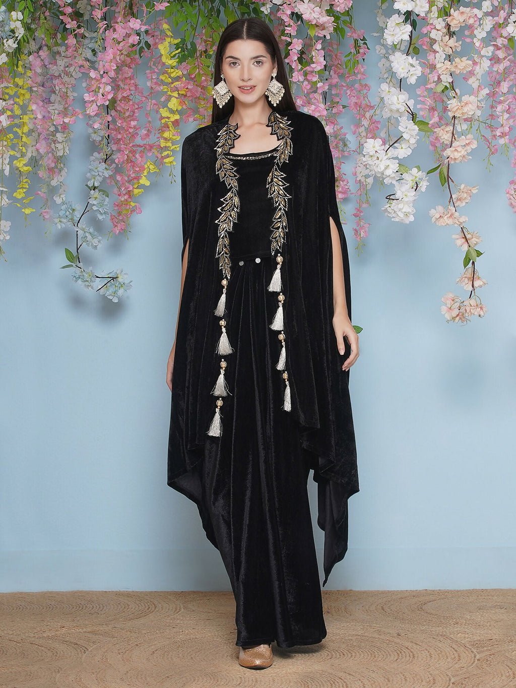 Black Hand Embellished Velvet Cape with Inner and Skirt Set