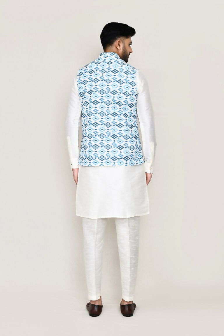 White Art Silk Kurta Set with Jacket and Straight Fit Pants