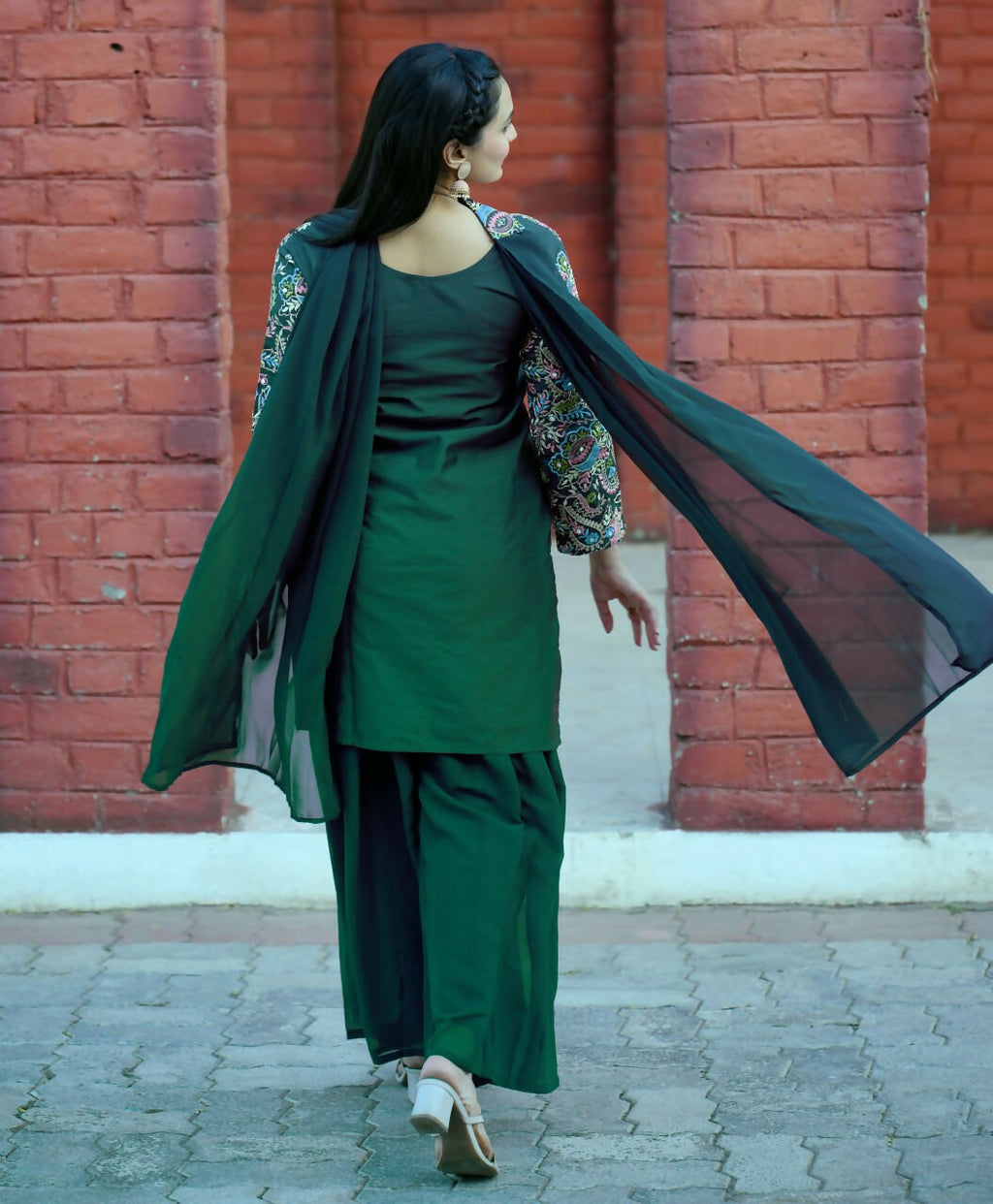 Green Silk Embroidered Sharara Set - Traditional Kurti Outfit