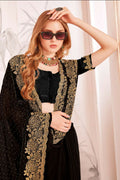 Black Fendi two tone silk saree featuring detailed zari and resham embroidery with zircon accents.