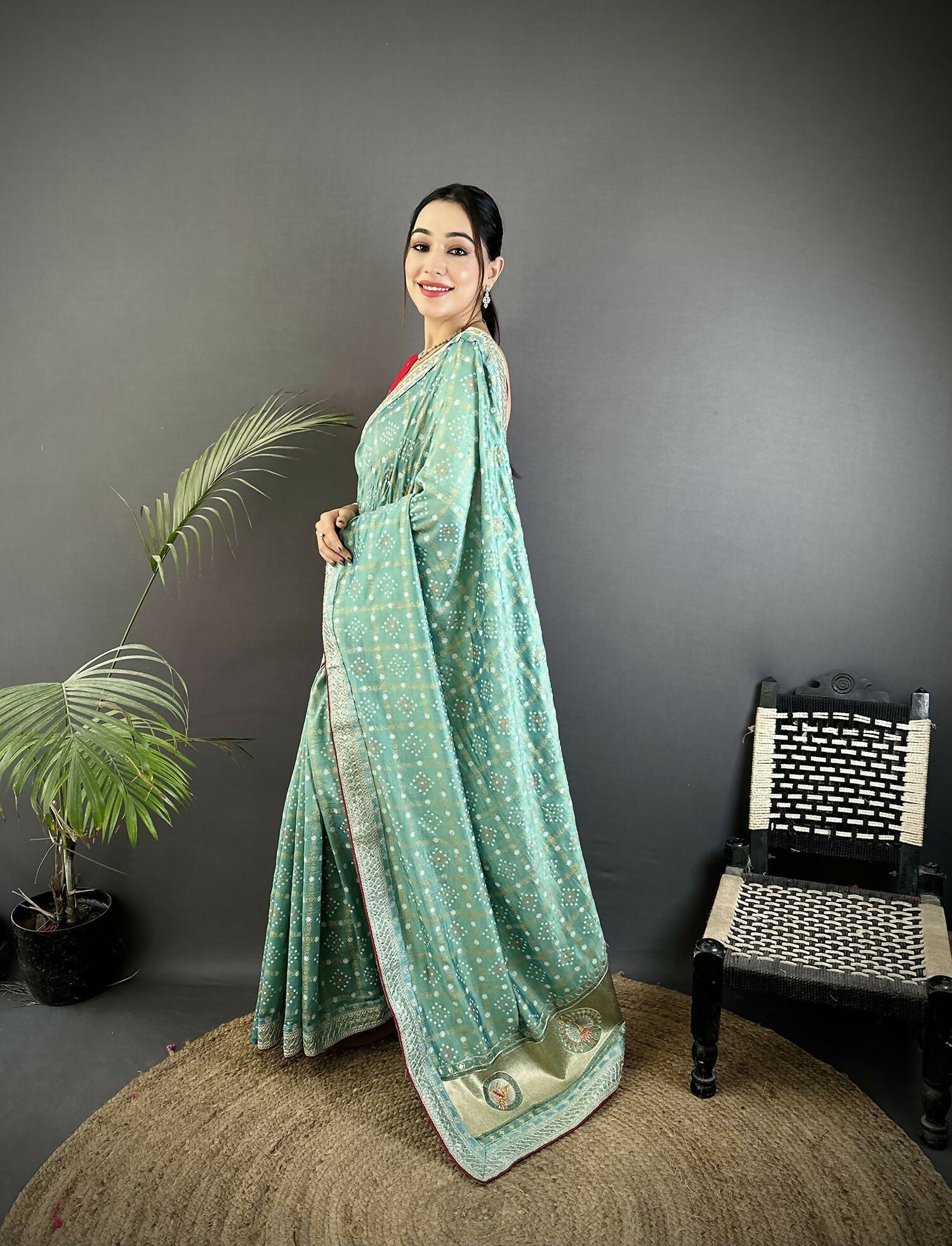 Sea Green Vichitra Silk Bandhani Print Saree with Traditional Motifs