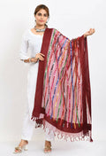 Maroon Organza dupatta with intricate mirror work and multi-colored thread embroidery.