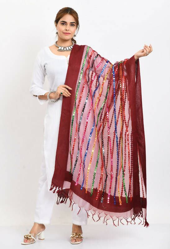Maroon Organza dupatta with intricate mirror work and multi-colored thread embroidery.