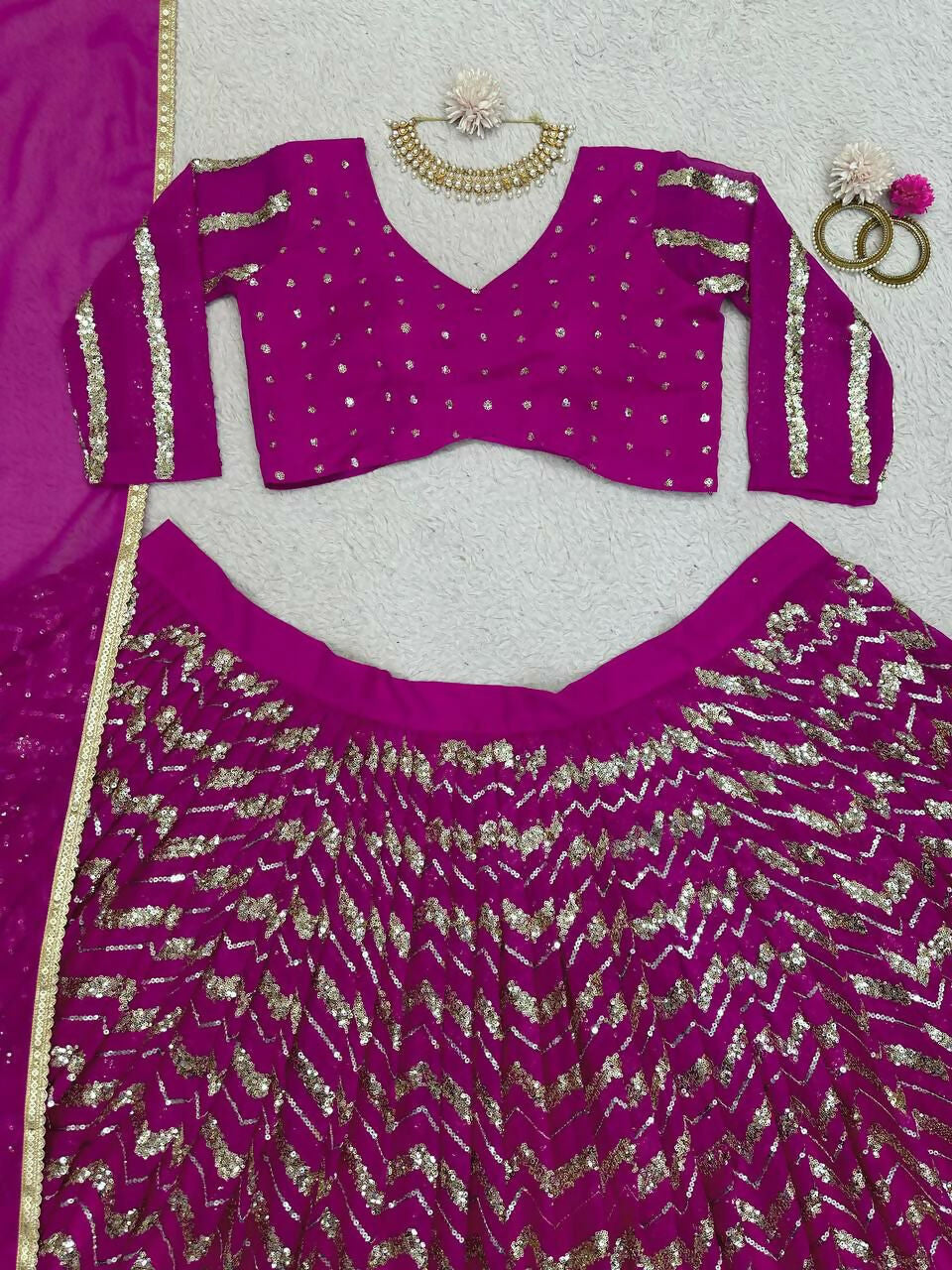 Wine Faux Georgette Sequin Embroidered Lehenga Choli Set