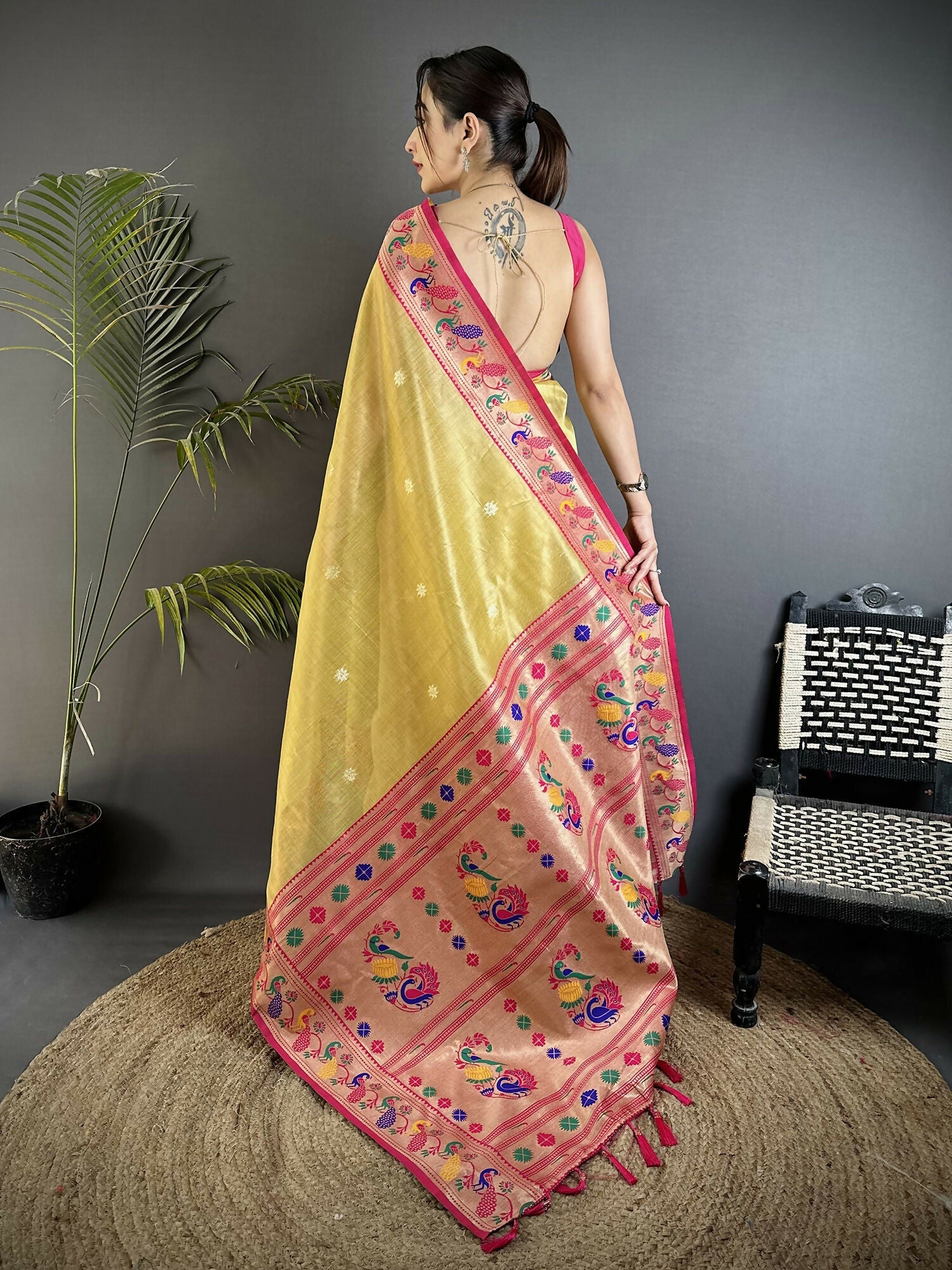 Golden Yellow Zari Weaving Tissue Paithani Saree with Magenta Blouse