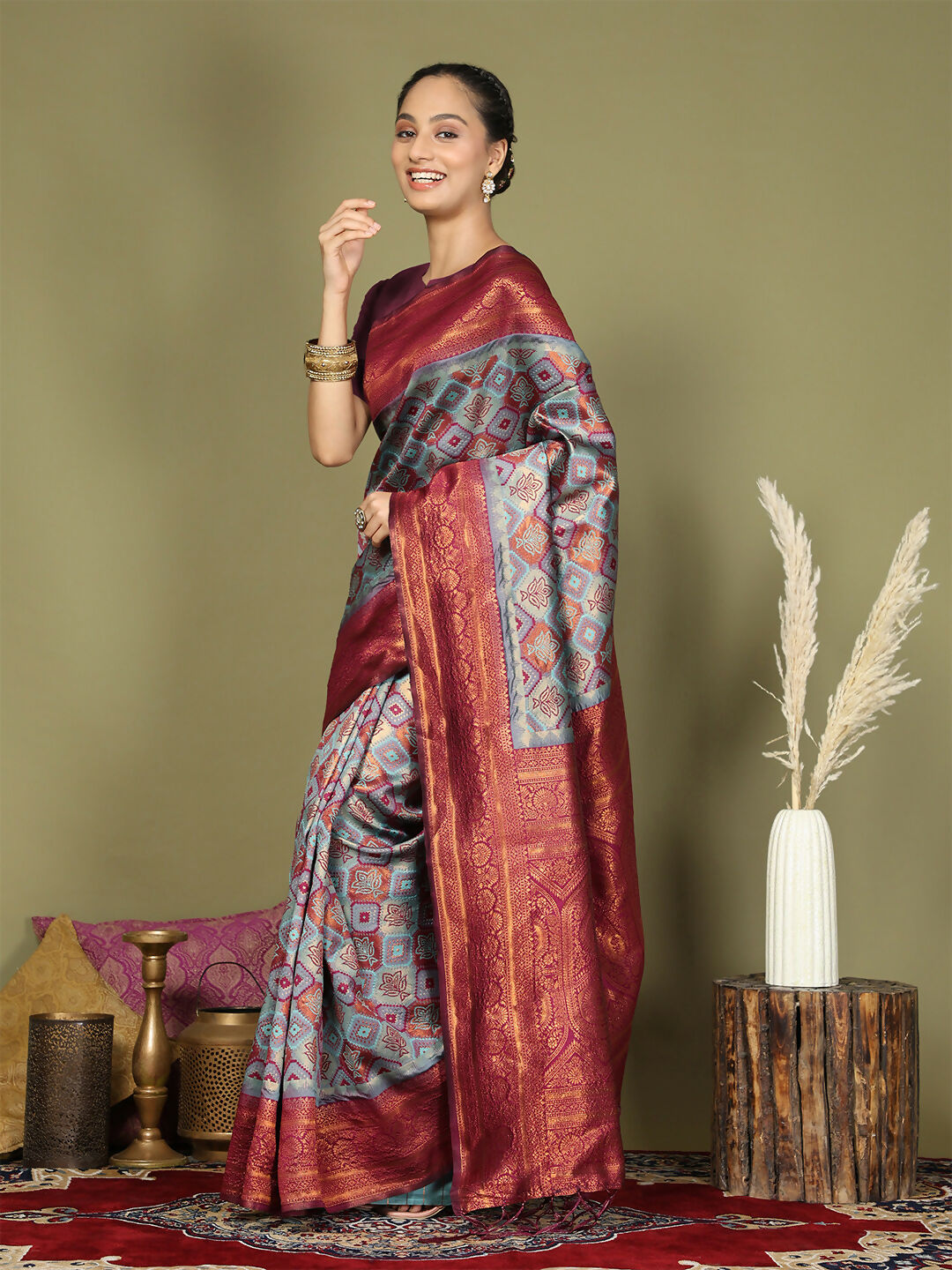 Teal Lichi Silk Saree with Purple Blouse