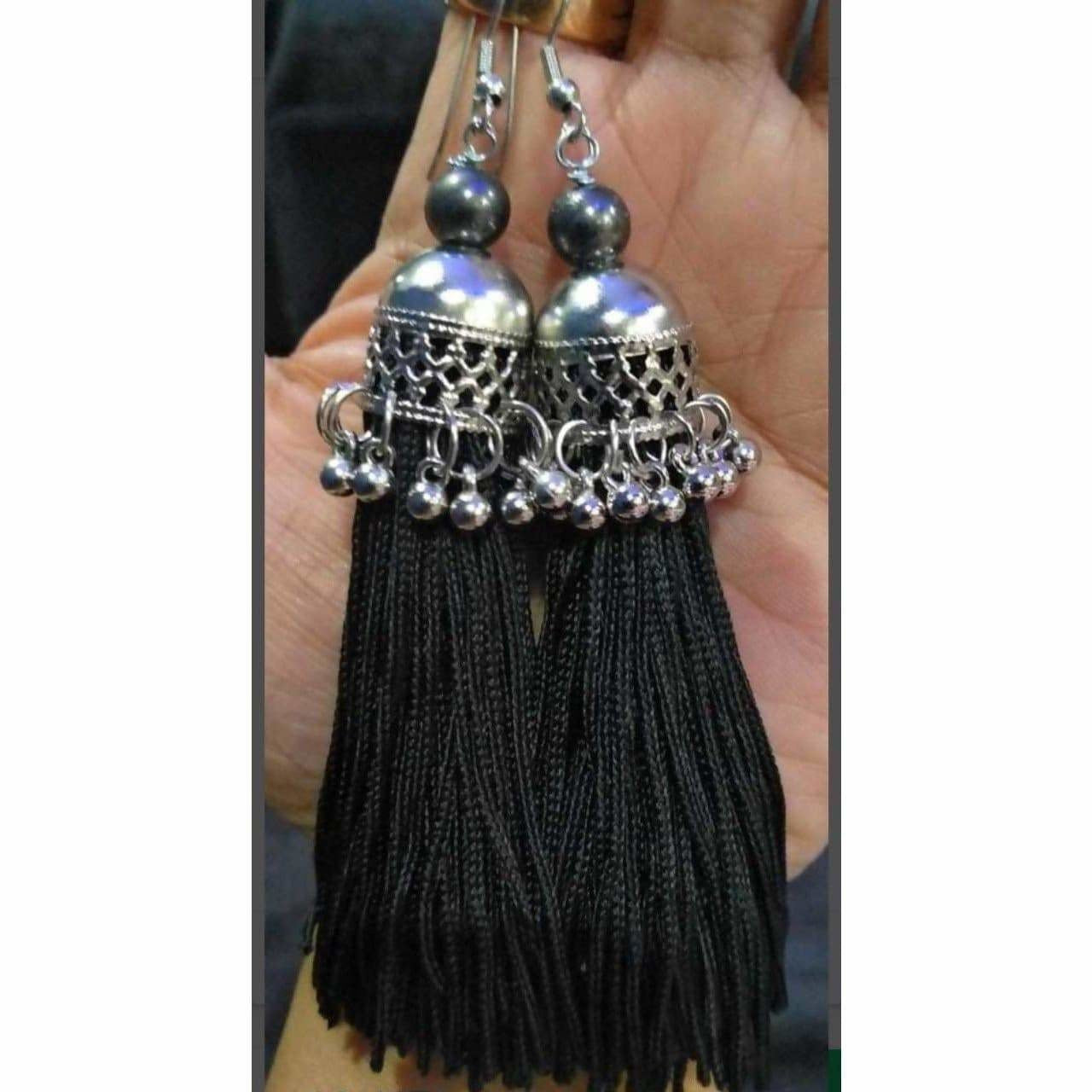 Modern Jhumka earrings with elegant black hanging threads