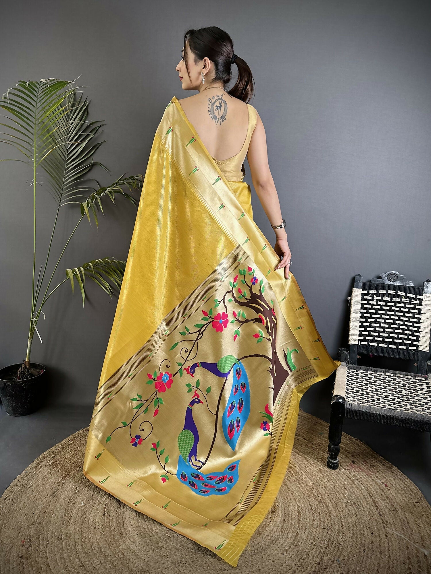 Joban Fashion Yellow Peacock & Floral Motifs Tissue Paithani Saree