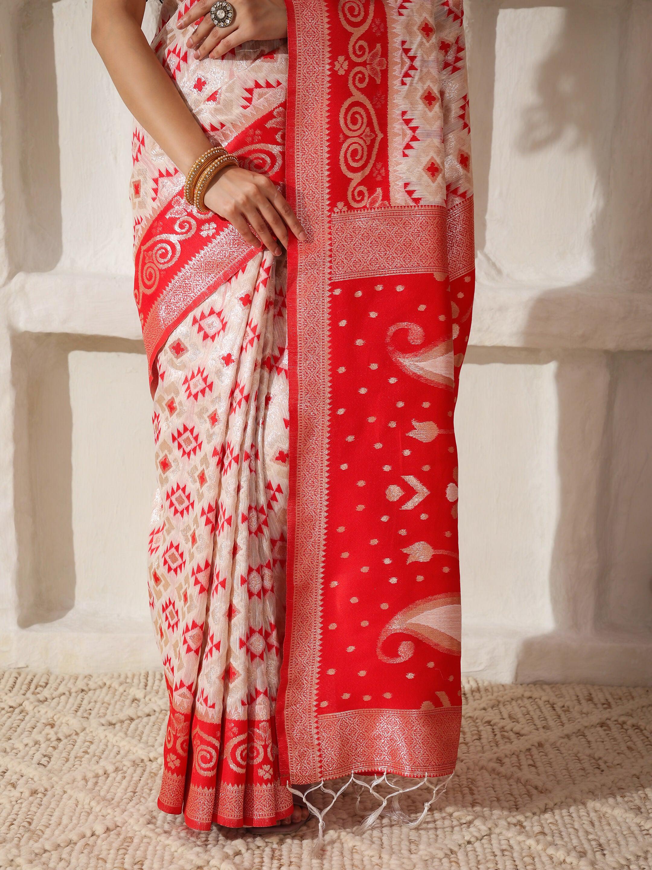 Shree Shyam Fashion Linen Cotton Red & White Saree