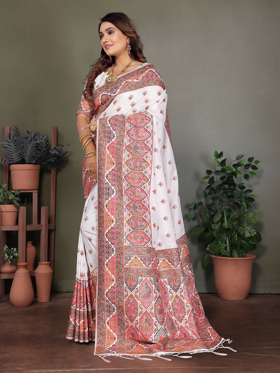 White Thread Woven Pashmina Saree in Soft Silk with Blouse