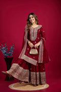 Elegant maroon silk kurta set featuring intricate sequins, zari, coding, and thread embroidery.