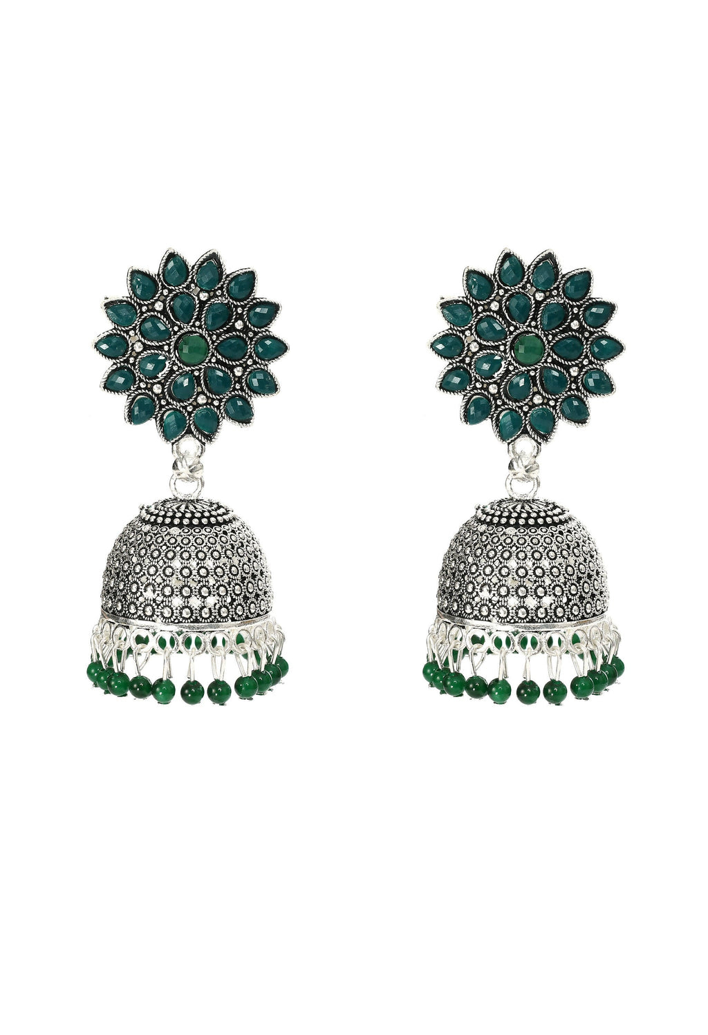 Close-up view of silver-plated Joharkamal Kundan Jhumka earrings with vibrant green bead accents