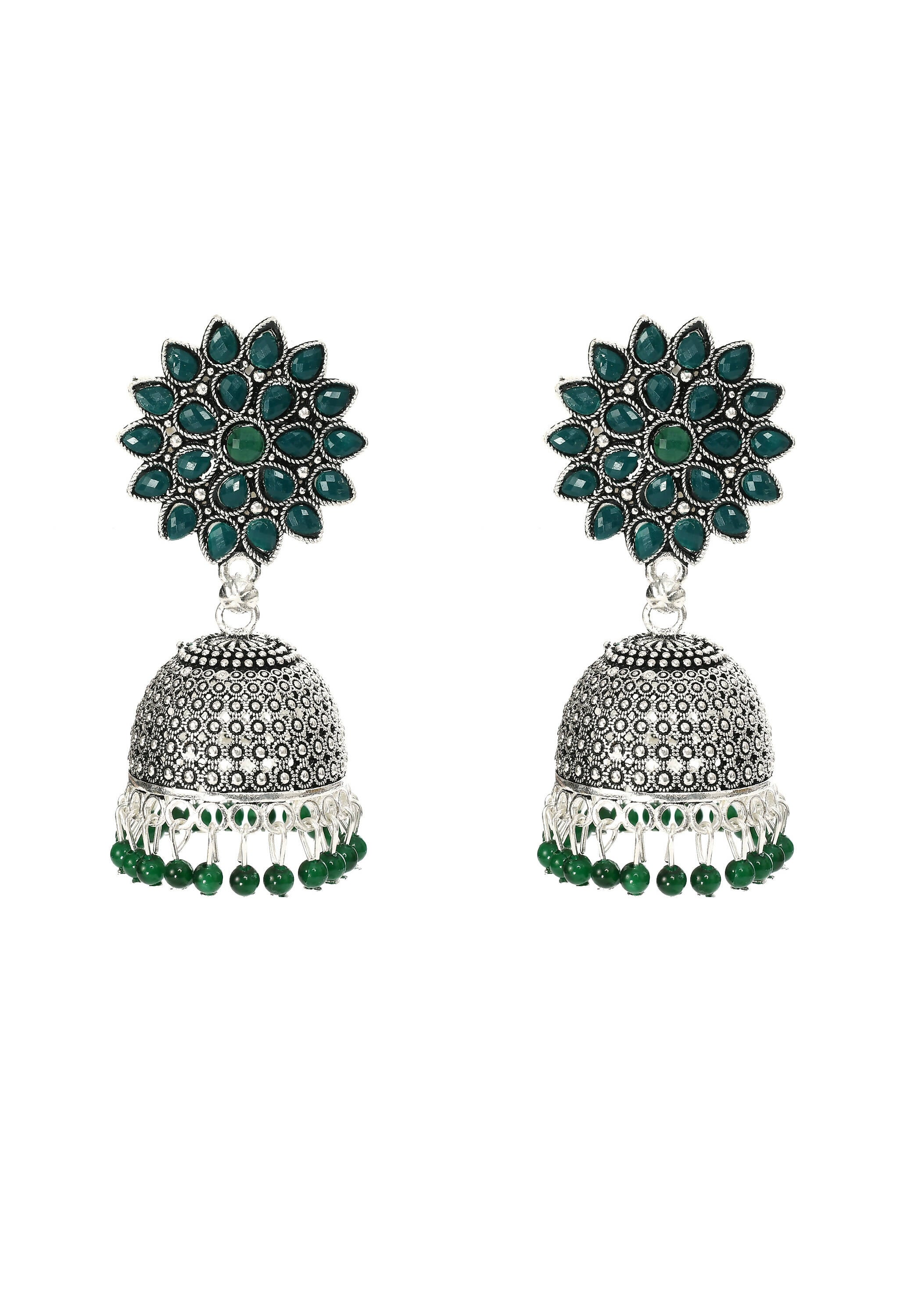 Close-up view of silver-plated Joharkamal Kundan Jhumka earrings with vibrant green bead accents